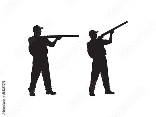 Hunters Silhouette Shooting. A man is shooting a gun. Black silhouette of a hunter on a white background.