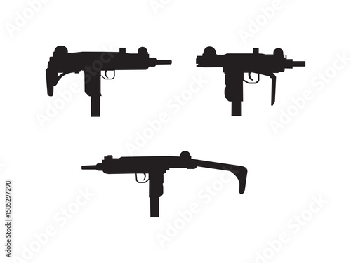 Mini Uzi. Black vector illustration. Submachine gun Uzi silhouette. Silhouettes of Submachine Guns.