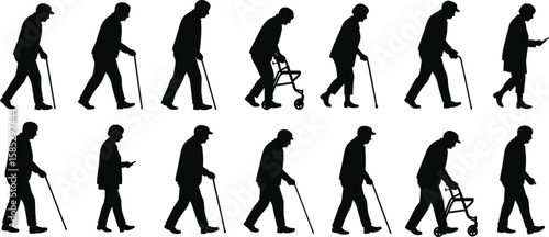 Silhouettes of elderly individuals walking with canes, walkers, smartphones, showing mobility aid, independence, technology, aging lifestyle, health, support