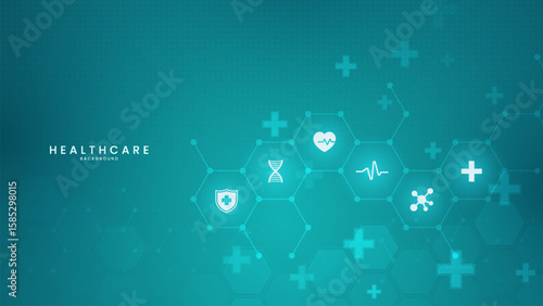 Abstract medical background with flat icons and symbols. Medical design with concept and idea for healthcare technology. Healthcare Medical Background. Healthcare Symbols.