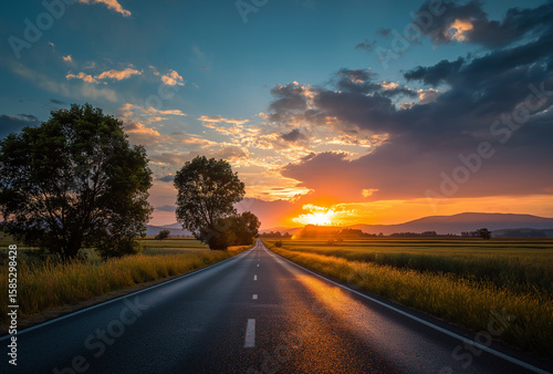 A long road leading into the distance, with green fields on both sides and trees along it