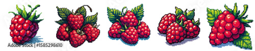 Five clusters of vibrant red raspberries with green leaves, isolated on white.