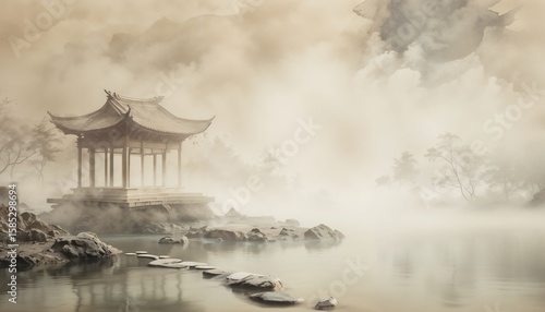 Minimalist Abstract Landscape With Asian Pavilion And Fog