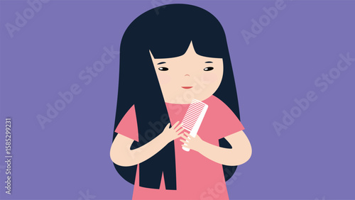 Girl combing her hair. Vector illustration in a flat style.