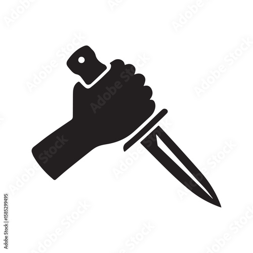 Hand holding a knife silhouette. Vector icon symbolizing crime, murder, and danger. Threatening stabbing gesture with a weapon.