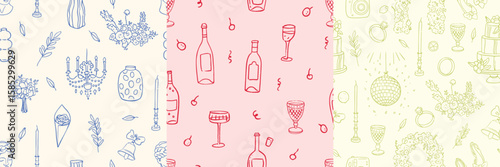 Vector hand drawn trendy summer wedding floral arch, vase, cake, wine, disco ball outline illustration set. Elegant flat minimalist modern seamless patterns for wedding invitations, menu design