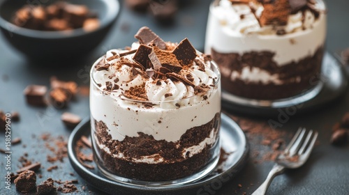 Chocolate layered dessert glasses with spoon and crumbs for decadent sweet gourmet food styling visuals