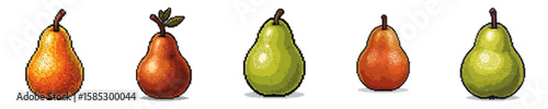 Five pears of varying colors and shades, displayed against a white background.