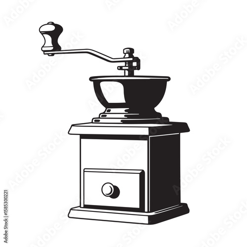 Vintage hand operated coffee grinder illustration in black and white featuring a retro style grinding machine design