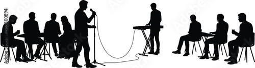 Silhouette of musical band performing live concert, featuring singers and keyboardist, capturing entertainment, energy, music culture, audience engagement