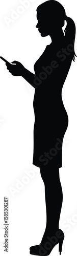 Silhouette of elegant woman using smartphone, side profile, wearing dress, heels, showcasing digital lifestyle, technology, communication, stylish vector design