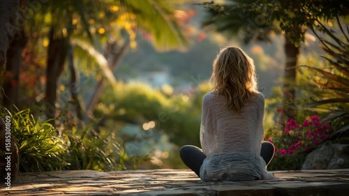 A woman sits quietly on a stone patio, surrounded by lush greenery and colorful flowers, enjoying a peaceful outdoor moment at sunset.