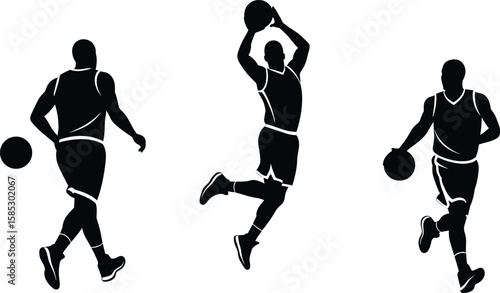 MobileBasketball player silhouettes in motion, dribbling, jumping, dunking, isolated on white background, vector art, black silhouette sports illustration