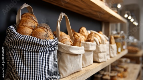Bread baskets on rustic bakery wooden shelves filled with artisanal loaves in warm interior lighting