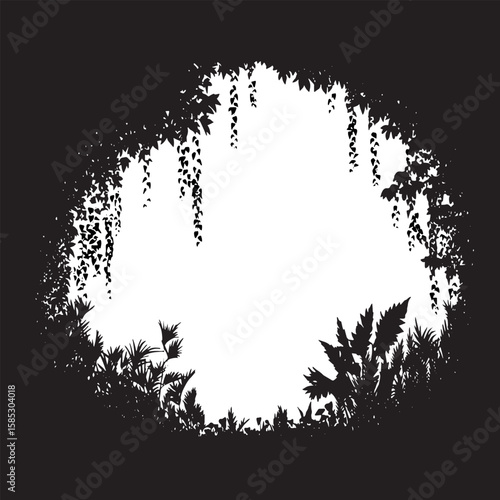 Jungle Border Silhouette: Lush Tropical Plants Creating a Circular Frame on Black Background