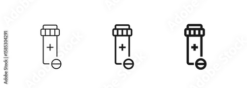 Icon of a prescription medicine bottle with a pill in thin, regular and bold outline. Healthcare, pharmacy, medication, or treatment. For medical apps, websites, or pharmaceutical branding. Vector