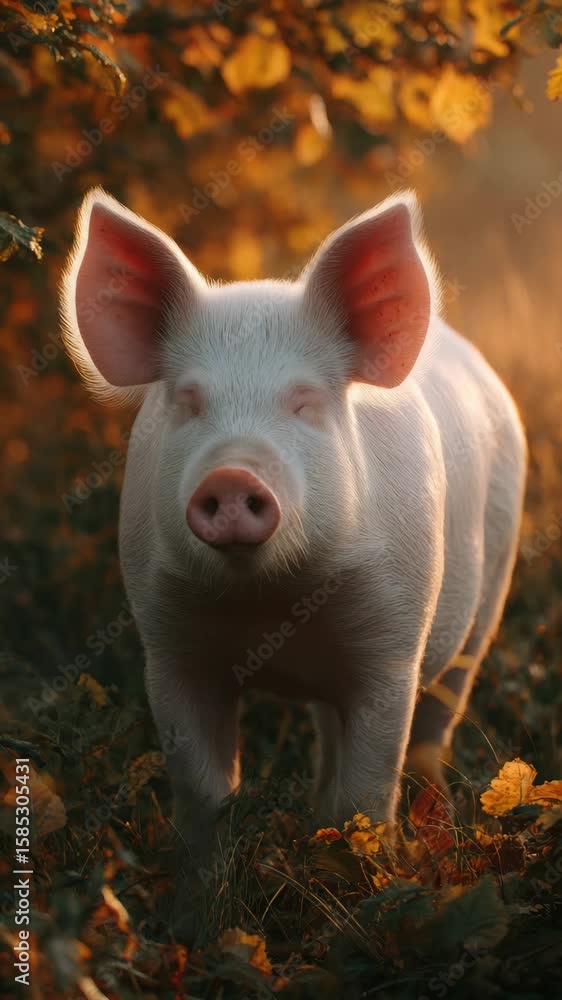 The pink pig stands out against the backdrop of autumn leaves, embodying the serenity and beauty of a forest at sunset. The pink pig stands out against the backdrop of autumn leaves, embodying the serenity and beauty of a forest at sunset.