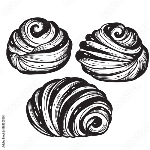 Artistic black and white illustration of three detailed stylized baked goods perfect for culinary design concepts