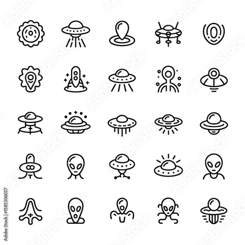 Set of minimalist black and white alien and spaceship icon designs in vector graphics