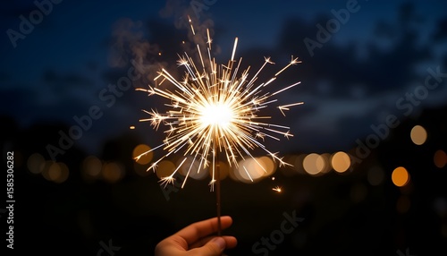 Hand holding sparkler against night sky, festive celebration vibe