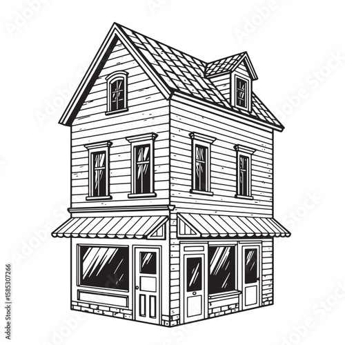 Detailed hand drawn black and white illustration of a classic two story building with shopfront windows and a gable roof