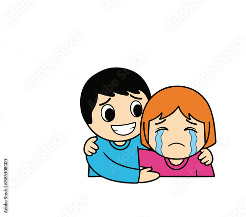 A comforting boy embraces a crying girl, offering support and solace.