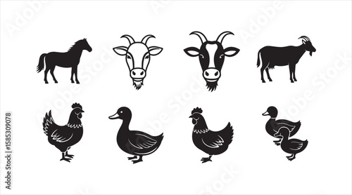 A vector illustration showcasing black icons of farm animals and livestock

