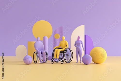 Inclusive gym 3D banner, minimalist design with yellow-purple palette on white background