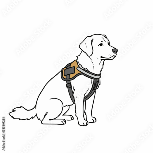 Guide dog wearing harness while sitting and looking forward  