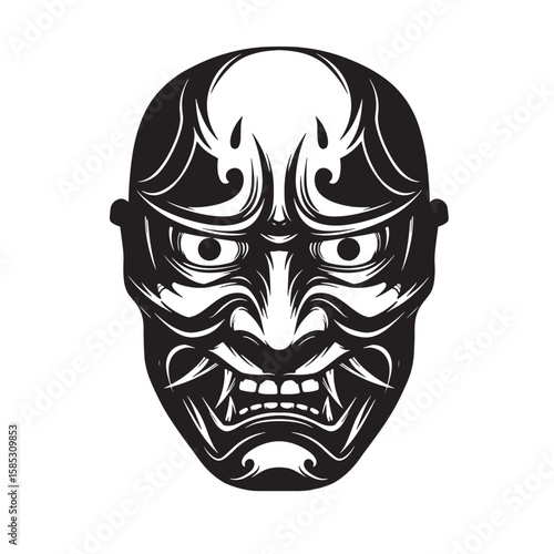 Intricate and detailed illustration of an oni japanese demon mask in striking black and white vector art