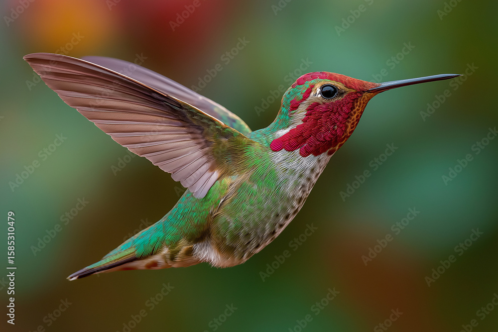Fototapeta premium Photograph of a hummingbird in flight, with green and red feathers