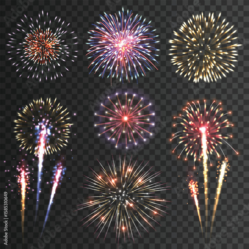Fireworks isolated on dark transparent background