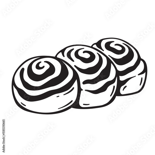 Monochrome illustration of freshly baked cinnamon rolls arranged in a row suitable for bakery and food product design.