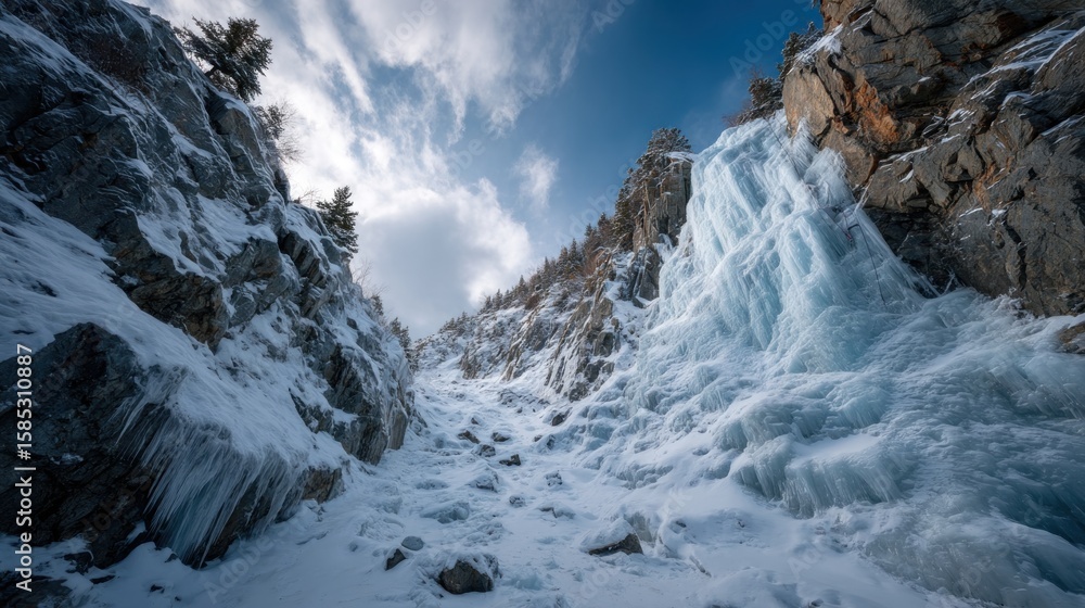 Obraz premium Winter landscape with frozen waterfall cascade in rocky mountain gorge