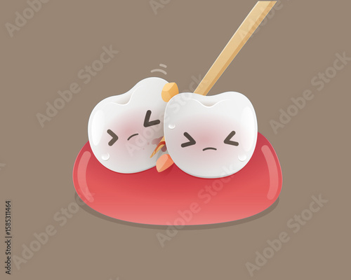 Charming dental illustration of two aching teeth with gum inflammation from toothpick injury. Ideal for dental care ads, oral health education, or medical content.
