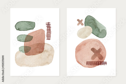 Watercolor organic shapes, art posters set. Minimalist modern wall art poster design. Mid century covers with watercolor paint stains and leaves.
