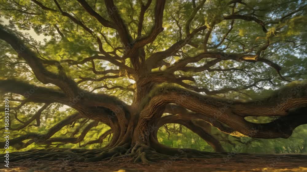 Ancient sprawling tree with wide roots in forest. Nature and growth concept.
Ancient sprawling tree with wide roots in forest. Nature and growth concept.