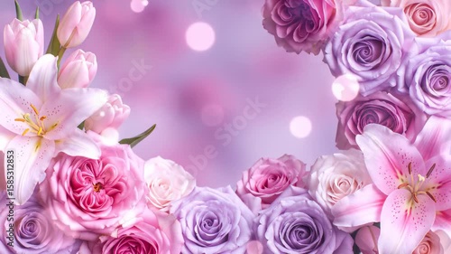 Delicate Bouquet of Pink and Lavender Roses and Lilies