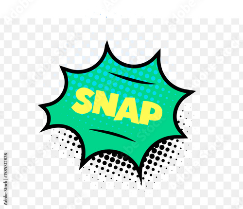 Snap sound in green comic bubble with bold yellow text and halftone dots, evokes quick motion, tension, pop. Used in comics, kids media, animated design. Pop art flat vector illustration