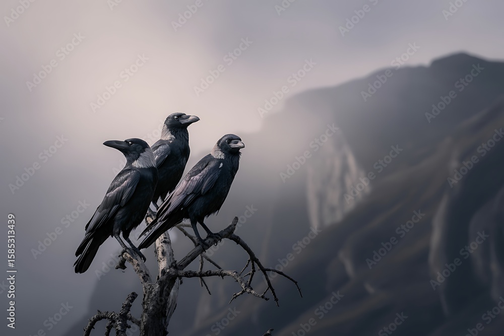 Fototapeta premium Three ravens perch gracefully on a barren branch against a hazy, atmospheric mountain landscape, creating a sense of mystery.