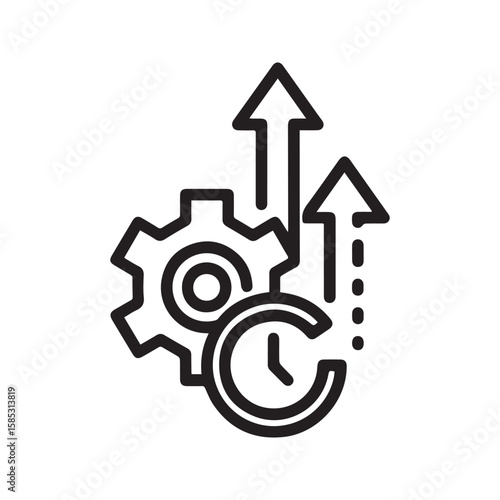 Productivity growth icon with gear, clock, and arrows, representing efficiency, process improvement, and time management.
