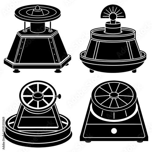 A collection of four different black and white roulette wheel illustrations in varying styles and designs