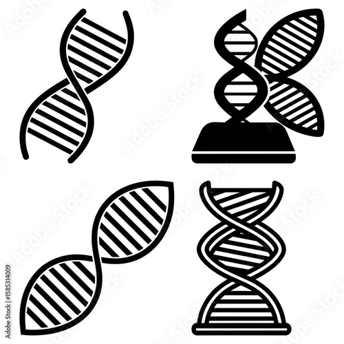 Illustration of four dna strand structures in black and white with varying shapes and configurations