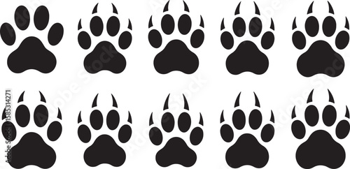 Black animal paw prints with sharp claws on white background animal tracks