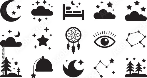 Black Silhouette Dreamcatcher Moon Stars Night Sky Icon Set