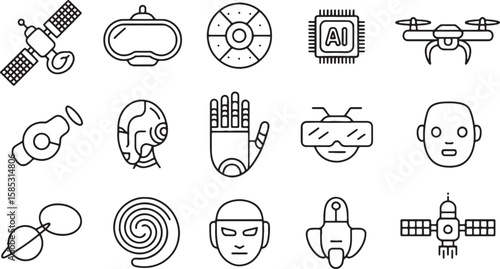 Futuristic technology icons including satellite drone robot and A I chip artificial intelligence