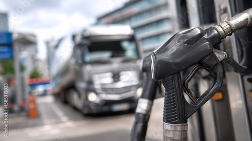 Gas pump nozzle close-up at a fuel station with a blurred truck in the background, representing rising costs and energy crisis.