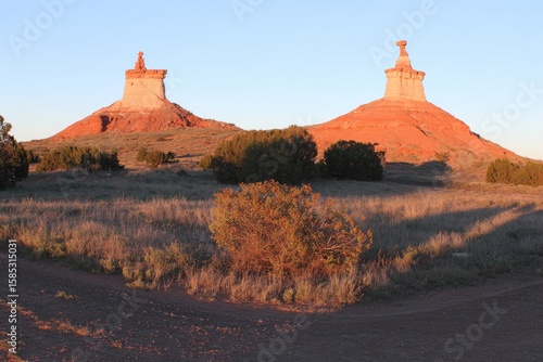 Two reddish-orange buttes rise above a field of low shrubs and grasses at dawn or dusk.  Golden light bathes the landscape
