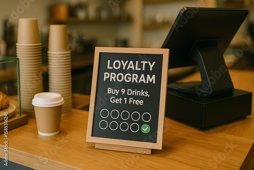 Coffee shop loyalty program sign at counter with paper coffee cups and point of sale terminal