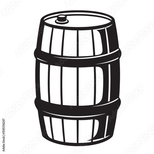 A classic black and white illustration of a wooden barrel typically used for storing and aging liquids like wine or beer.